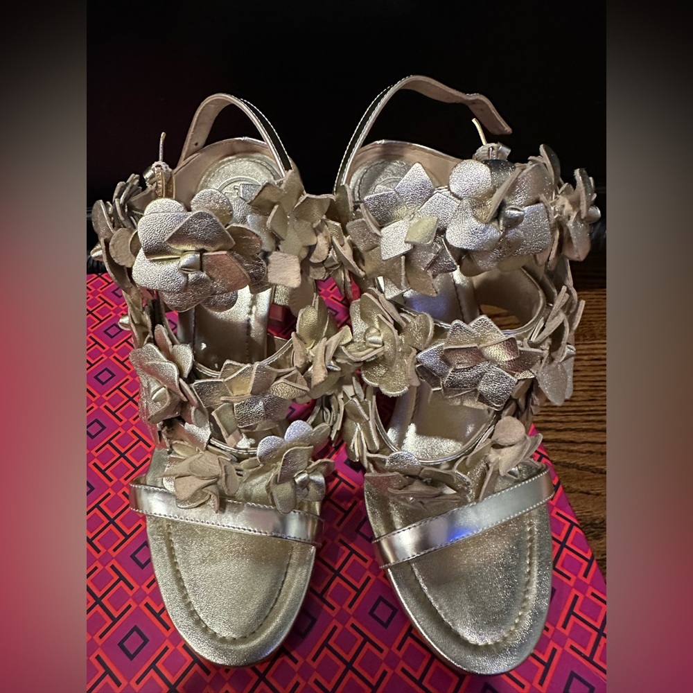 Tory Burch gold floral heels